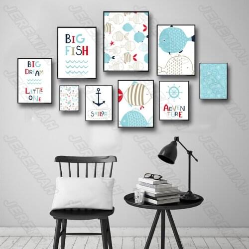 Fish Windmill Alphabet Cartoon Poster Nordic Style Wall Art Canvas Print Painting Modern Children Bedroom Decoration