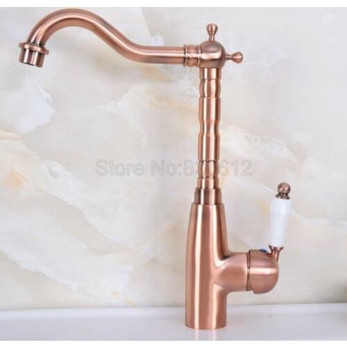 Deck Mounted Kitchen Vessel Sink Sink / Bathroom Basin Antique Red Copper Single Handle Swivel Faucet Mixer Tap Wnf637