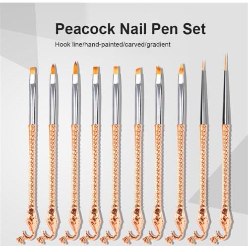 10PCS Professional Durable Peacock Rod Nail Art Pen Light Therapy Pen Crystal Pen Drawing Pen Nail Brush Set Nail Art Tools Set