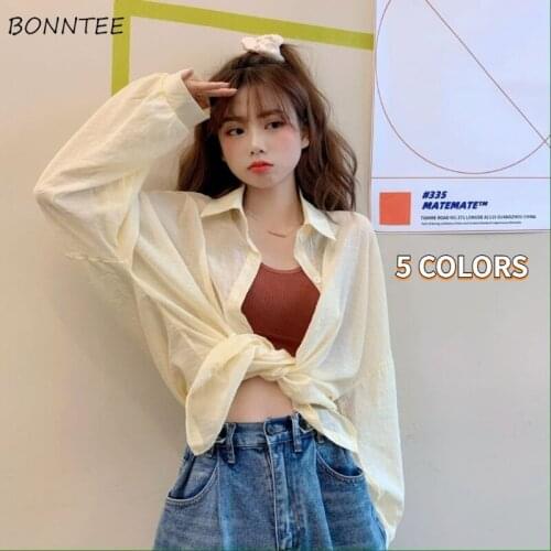 Shirts Women Fashion Vintage Long Sleeve Asymmetric Loose Chic Tops Summer Sun-proof Solid Sexy 5-color Girls Ulzzang Casual Ins