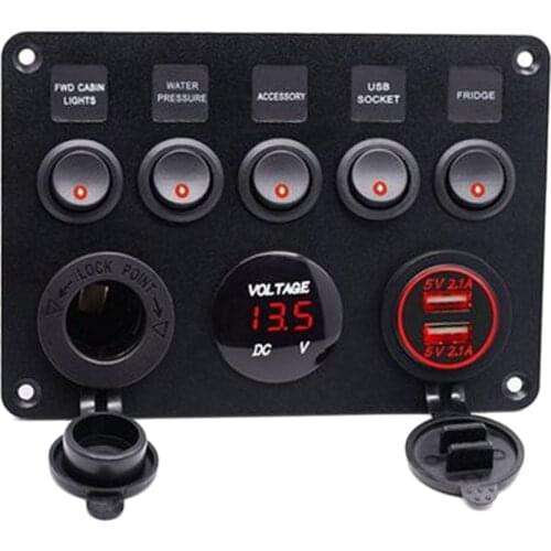 Waterproof Voltmeter Control Panel 12V Dual Usb Car Charger 12V Voltmeter 5 Gang Auto Boat Rocker Switch Panel