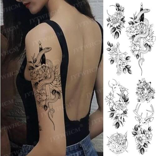 Temporary Tattoos Waterproof Stickers Fake Sleeves Big Picture Women Black Snake Sword Sketchs Flowers Flash Body Tattoo Sticker