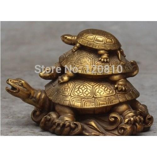 YM 324 5" Chinese Bronze Auspicious Feng Shui Wealth Animal 3 Turtle tortoise Statue