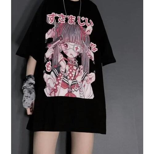 Women Summer tee girl tops Goth Kawaii рубашка женская accessory album Harajuku style cartoon cute Devil print pink T-shirt