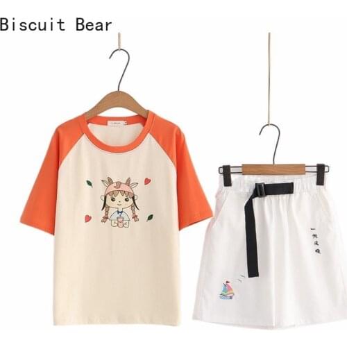 Women Casual Pant Sets Hight Waist Cartoon Embroidery Shorts With Sashes And Graphic Cotton T Shirts 2021 Summer 2 Piece Set