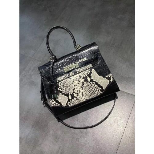 Genuine leather serpentine print women handbags vintage shoulder bags