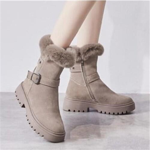Snow Boots Womens Suede 2020 New Winter Plus Velvet Thick Casual Thick Bottom Side Zipper Women Warm Short Boots Black Khaki