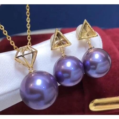 1026 Fine Jewelry 18K Yellow Gold Natural Fresh Water Purple Pearl 10-13mm Females Jewelry Sets for Women FIne Jewelry Sets