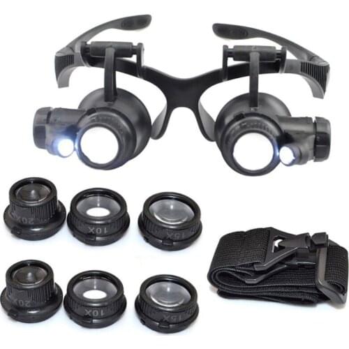 10X 15X 20X 25X LED Double Eye Jeweler Repair Watch Magnifier Loupe Glasses Lens