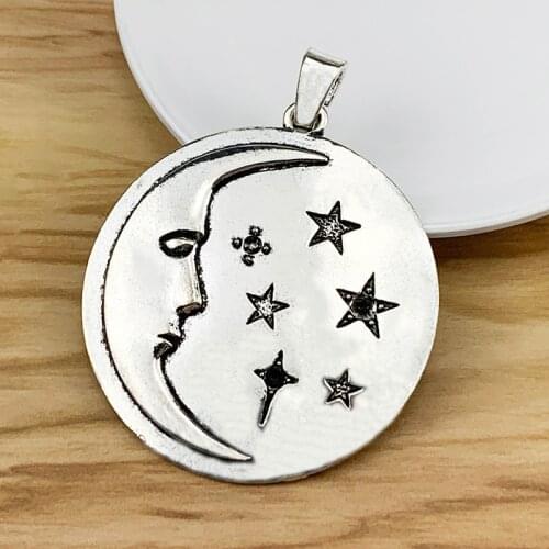 2 Pieces Large Moon & Star Round Tibetan Silver Charms Pendants for Necklace Jewellery Making Accessories 62x62mm