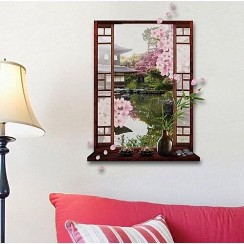 3D Window Sakura Peach Blossom Flower Art Wall Sticker Removable Decal Mural