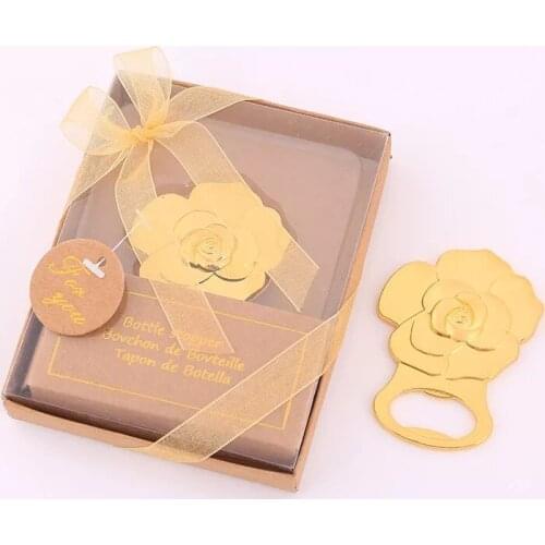 50pcs Gold Rose Flower Design Wedding return gifts anniversary souvenir birthday giveaways Beer Bottle Openers favors