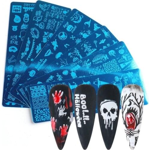 6pcs/set 2021 Nail Template Ins Halloween Theme Skull Pumpkin Nail Stainless Steel Transfer Template Nail Mold Halloween Nail