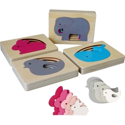 Children 5 Layers Wooden Animals Puzzle Toy /Kids Cartoon 3D Puzzle Rabbit Elephant Birds Whale Montessori Puzzle