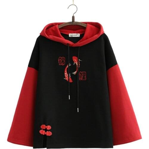Fleece Womens Hooded Sweatshirt Cartoon Embroidery Hoodies Flare Sleeve Pullover Tracksuits 2020 Winter Clothes For Sweet Girl
