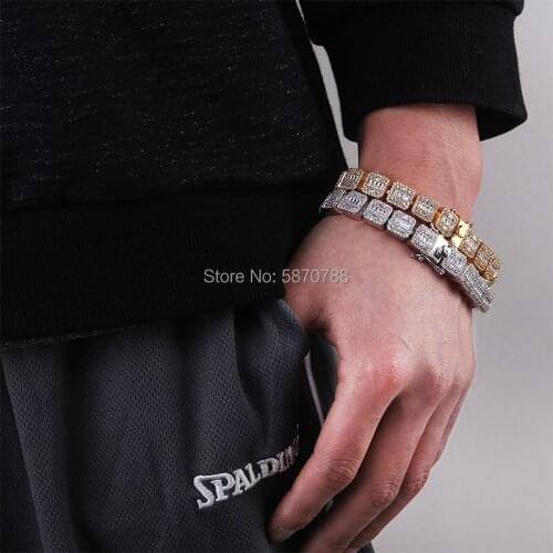 Hip hop gold viler color baguette bling zircon bracelet fake ankle brass bracelet for men