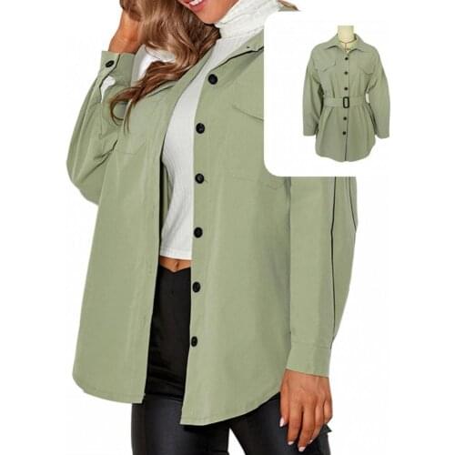 Soft Fashion Belt Green Casual Shirt Coat All-matched Women Coat Lapel for Vacation