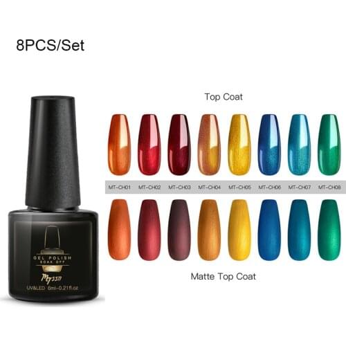 Mtssii 8PCS 6ml Mirror Red Yellow Gel Nail Polish Set Mirror Metal Color Soak Off UV Gel Varnish Matte Top Coat Needed Nail Art