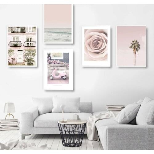Pink Car Ocean Flower House Landscape Wall Art Canvas Painting Nordic Posters And Prints Wall Pictures For Living Room Decor