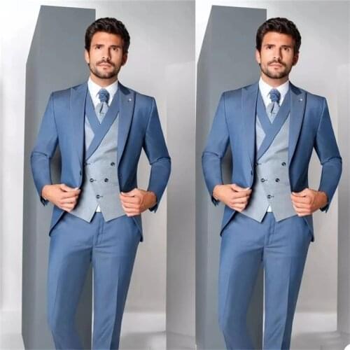 Newest Gorgeous Blue Men Suits 3 Pcs Costume Homme Groom Prom Wedding Blazer (Jacket+Pants+Vest) Terno Masculino Slim Fit