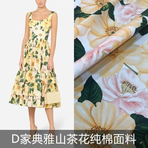 2021 European and American brand new yellow camellia cotton poplin womens clothing haute couture printed fabric