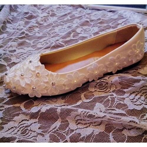 Flats lace shoes woman handmade ivory bridal wedding shoes crystal luxury handmade plus size brides party proms dress flats shoe