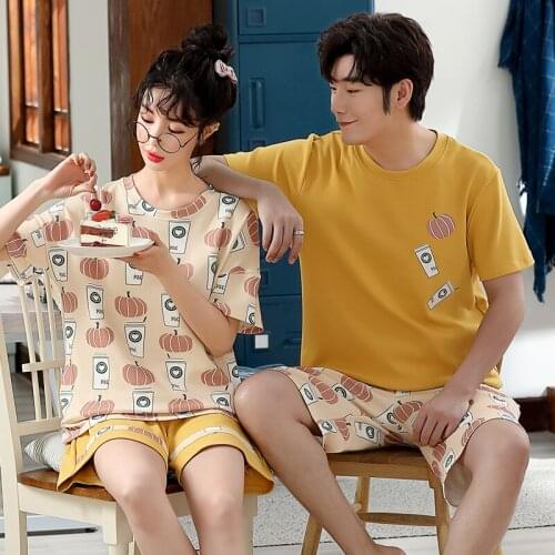 Summer Couple Pajamas Set Cotton Short Sleeve Loose Women Men Homewear Cute Cartoon Print O-neck Yellow Casual Women Sleepwear
