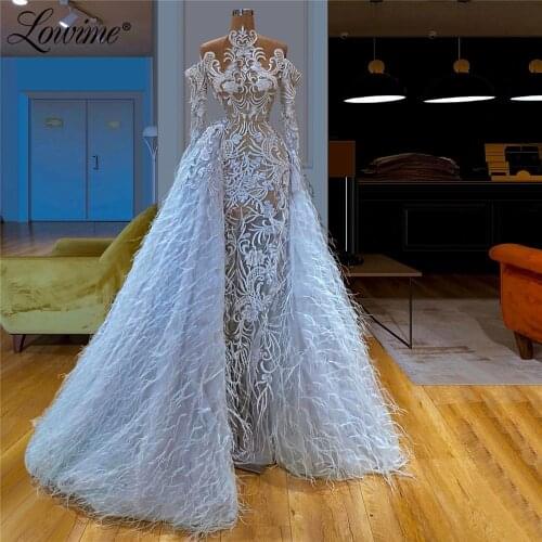 Luxury Lace Feather Long Evening Dresses Turkish High Neck Prom Dresses Two Piece 2020 Couture Saudi Arabia Celebrity Party Gown