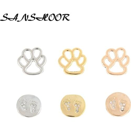 SANSHOOR Cute Paw BABY FEET Keeper Slide Charms Fit on Keeper Bracelet For Women As Mothers Day Gifts 6pcs/lot