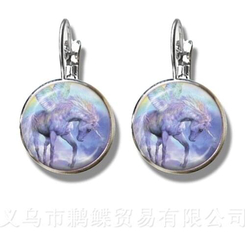 Unicorn Horse Earrings 16mm Glass Dome Cabochon Charm Silver Plated Stud Earrings For Women Girl Best Gift