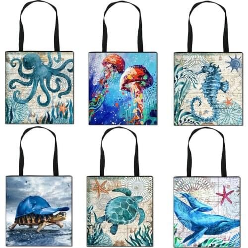 Sea Turtle/Octopus / Jellyfish Tote Bags Ladies Handbag Fashion Storage Bag Women Shopping Bags Girl Portable Shoulder Bag
