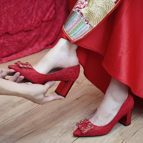 Wedding Shoes Womens Thick Heel New Winter Wedding Bridal Shoes Traditional Dress Red Pregnant Womens High Heel Crystal Shoes
