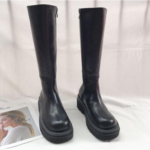 Thick-soled Increased Chelsea Knee High Boots Black Genuine Leather Knight Boot Handsome Locomotive Motorcycle Boots Shoes Woman