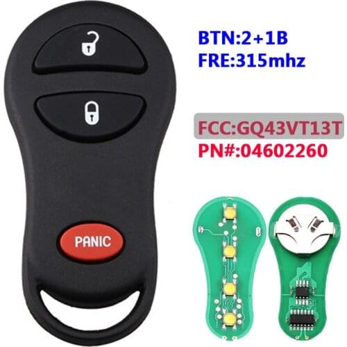 XNRKEY 3 Buttons Keyless Entry Remote Car Key Fob 315Mhz For Chrysler PT Cruiser 2001 2002 2003 2004 2005 FCC ID: GQ43VT13T