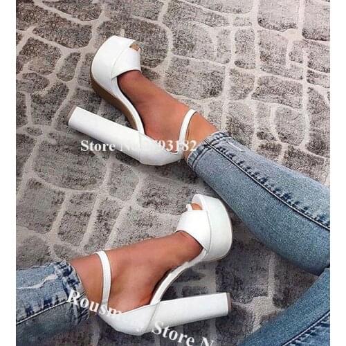 Women Elegant Open Toe White Suede Leather High Platform Chunky Heel Sandals Ankle Strap Buckle Thick HIgh Heel Sandals Heels