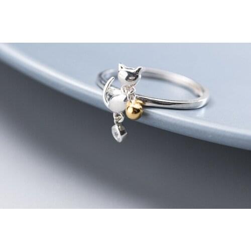S925 Sterling Silver Color Korean Fashion Cute Gold Color Bell Cat Ring Open Adjustable For Women Girl Lady Party Gift