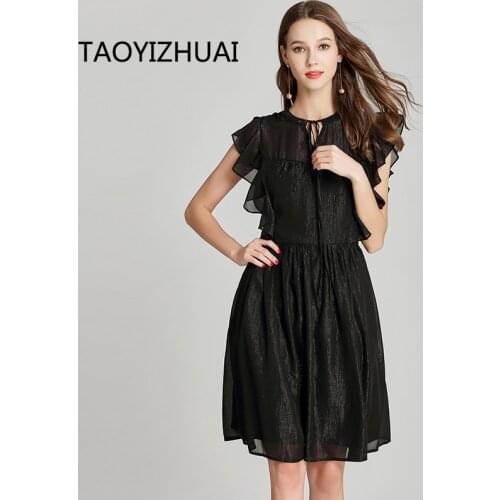 TAOYIZHUAI Summer New Arrival Black Color Solid Elegant Fashion Large Size Butterfly Sleeves A-Line Women Chiffon Dress 11678