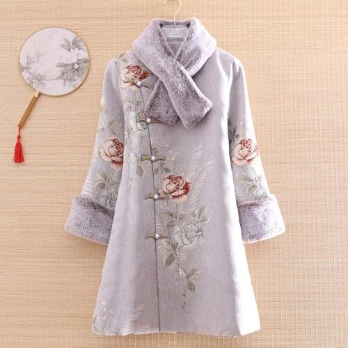 High-end Winter Women Fur Collar Coat Top Chinese Style Retro Jacquard Floral Elegant Loose Lady Warm Trench Coat Female S-XXL