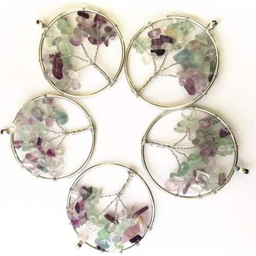 Hot 12pcs 7Chakras Reiki Fluorite Stone Tree of Life Pendant Handmade Wire Wrapped Pendants 50mm for Jewelry Marking Wholesale
