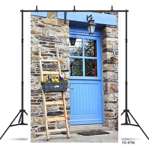 Brick Wall Blue Door Ladder Photography Background Computer Printed Backdrop Photo Studio for Children Baby Portrait Photoshoot