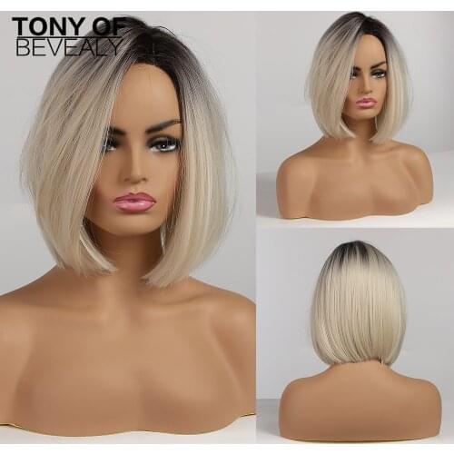 Short Straight Bob Hairstyle Synthetic Wigs Brown to Light Blonde Ombre Hair Side Part For Women Cosplay Heat Resistant Wigs