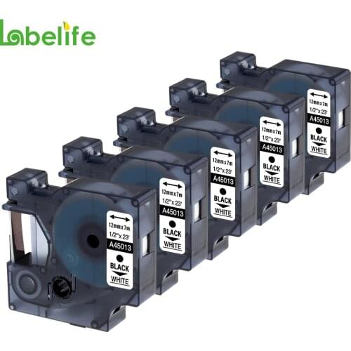 Labelife 5pcs 45013 For DYMO D1 Label Tape 12mm Black on White laminated Label Ribbon for DYM0 LabelManager Printer 160 280 210