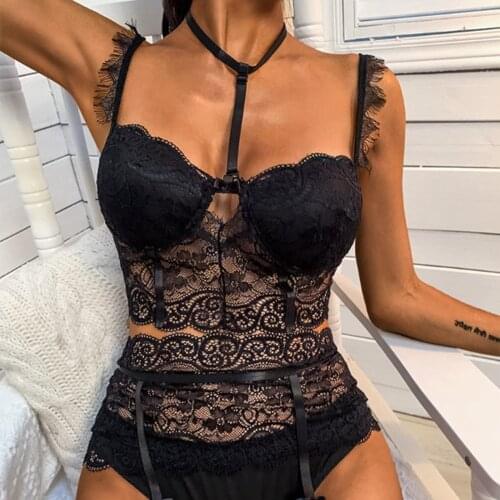 2021 New Women Sexy Erotic Underwear Hollow Out Slim V-neck Bras Panties Garters Sets ropa interior erotica Lace Slim Fit Female