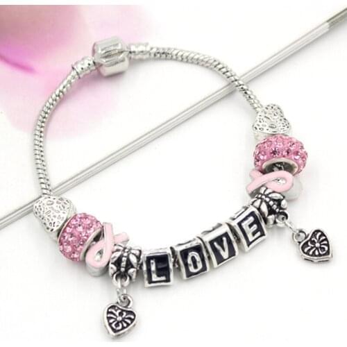 6PCS/LOT New Arrival Breast Cancer Awareness Jewelry European Bead Breast Cancer Gift Bracelets for Women