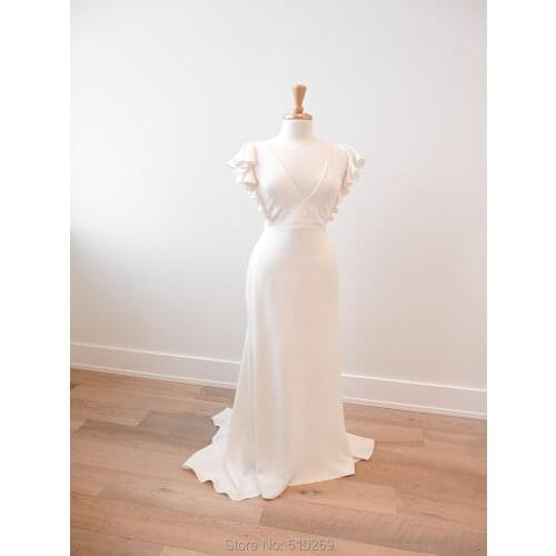 New Arrival Wedding Dress Vestidos De Boda Bridal Gowns Ruffles Sleeves Fit and Flare V Neck Low Back Crepe Custom Made Mariage