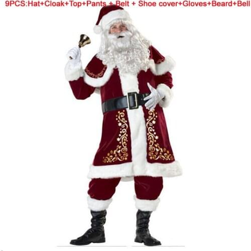9pcs Men Christmas Costumes Santa Claus For Adults Red Christmas Clothes Santa Claus Costume Luxury Women Suit Beard Bell Suit