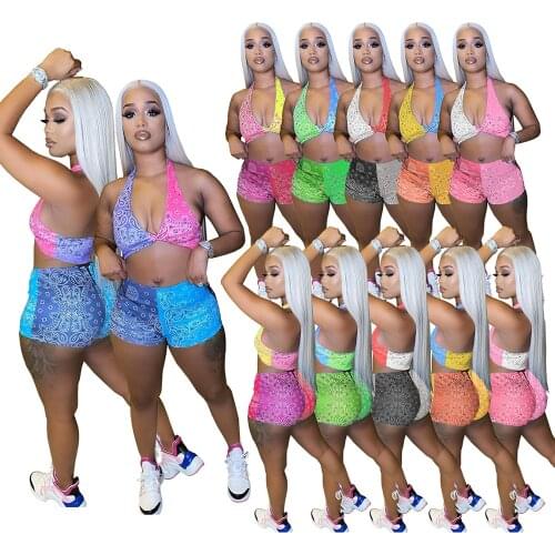 Sexy Bra Bandana 2 Piece Shorts Set for Women Summer Outfit Backless Halter Crop Top and Shorts Boho Beach Wear Fashion 2021