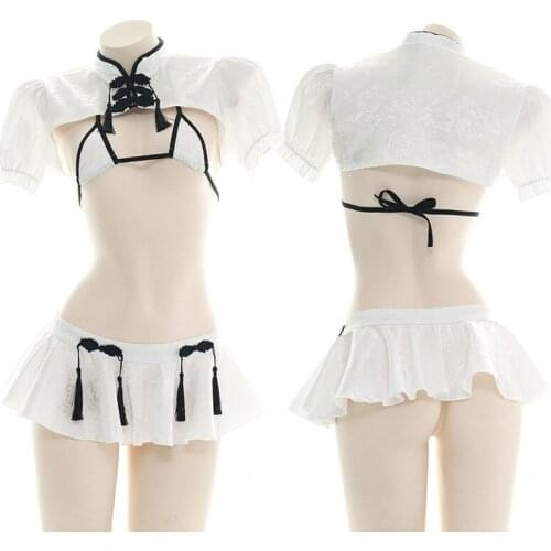 Sexy Mini Micro Open Bikini Bra Halloween Outfits For Women Girl Kawaii Lingerie Femme Erotic Cosplay Maid Outfit Cheongsam