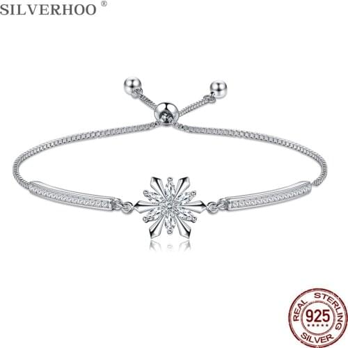 SILVERHOO 925 Sterling Silver Bracelet Snowflake Sparkle CZ Zircon Adjustable Bracelets Bangle For Women Anniversary Jewelry