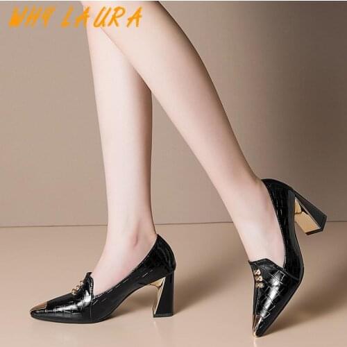 Fashion womens shoes pointed thick high-heeled shoes shallow mouth belt metal high-heeled shoes patent leather Mujer2021 spring